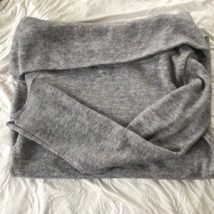 Off the shoulder grey cowled sweater